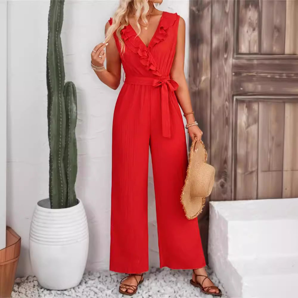 Women's elegant jumpsuit with ruffle details and waist belt, size