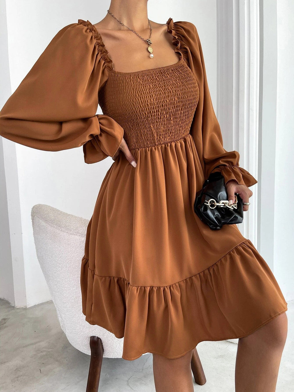 Women's fitted mini dress with voluminous ruffled sleeves and square neck, size S