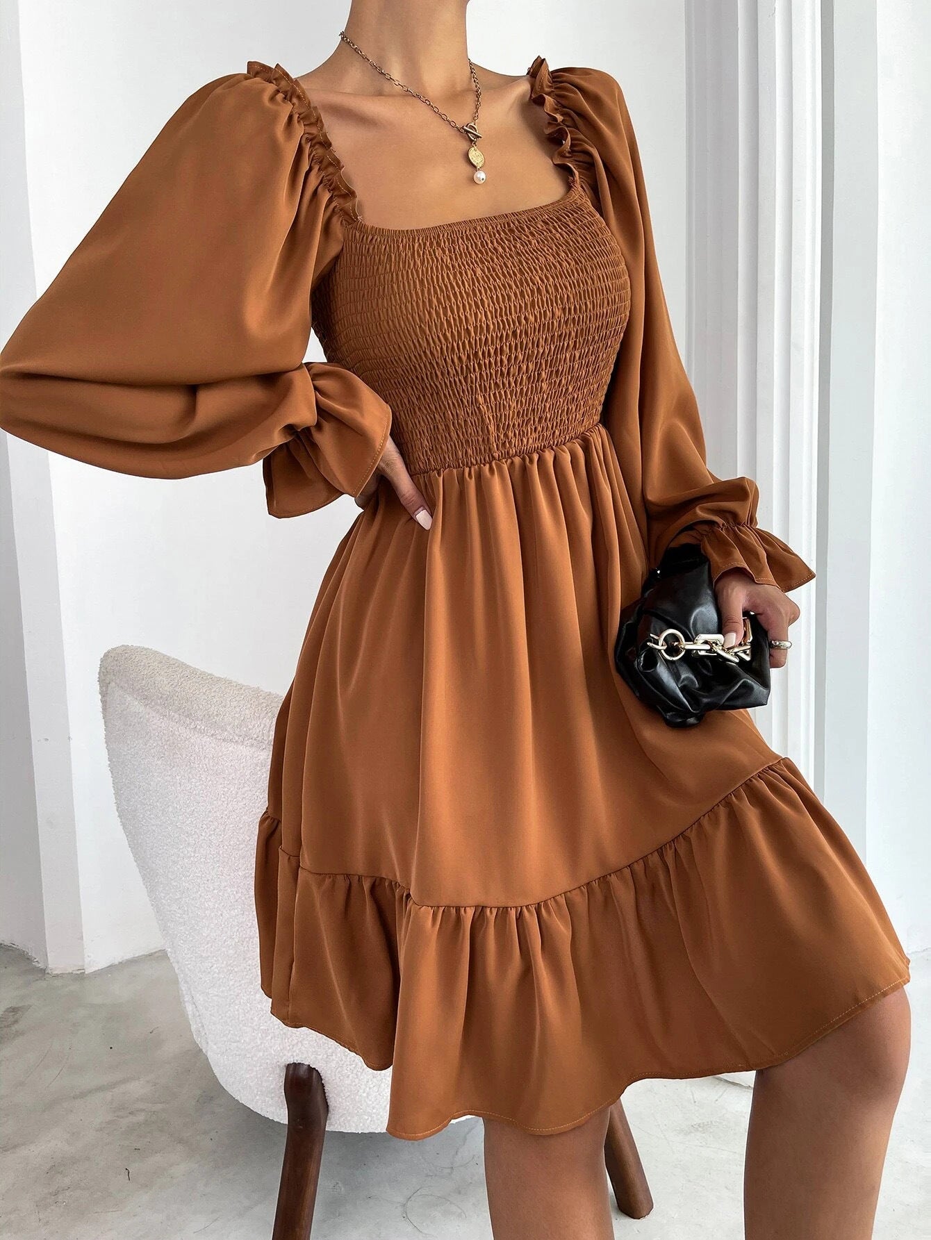 Women's fitted mini dress with voluminous ruffled sleeves and square neck, size S