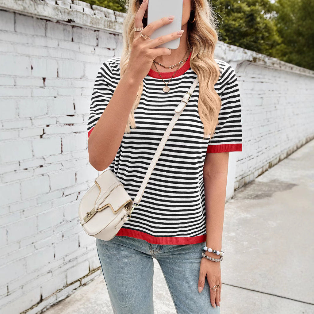 Women's comfortable striped casual blouse with contrasting collar, size