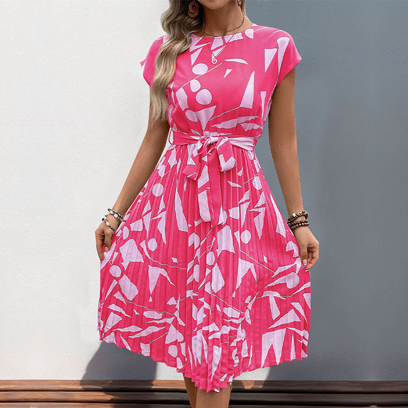 Women's midi dress with trendy geometric pattern mix and adjustable belt, size S