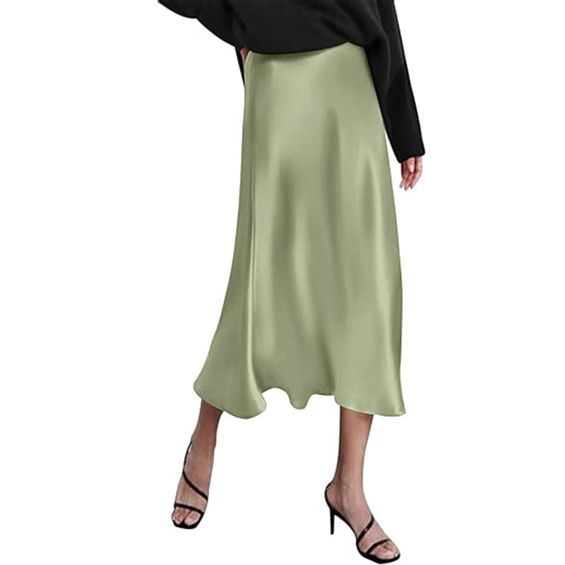 Women's elegant midi skirt in satin viscose with a flowing drape, size GR