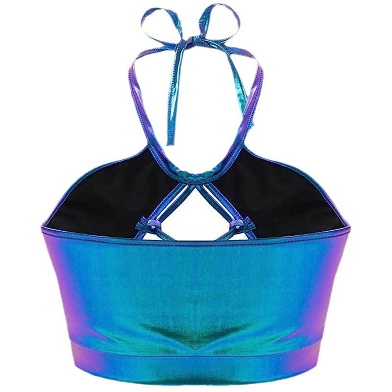Women's sports bikini top with unique cut details and shimmering finish, size GR