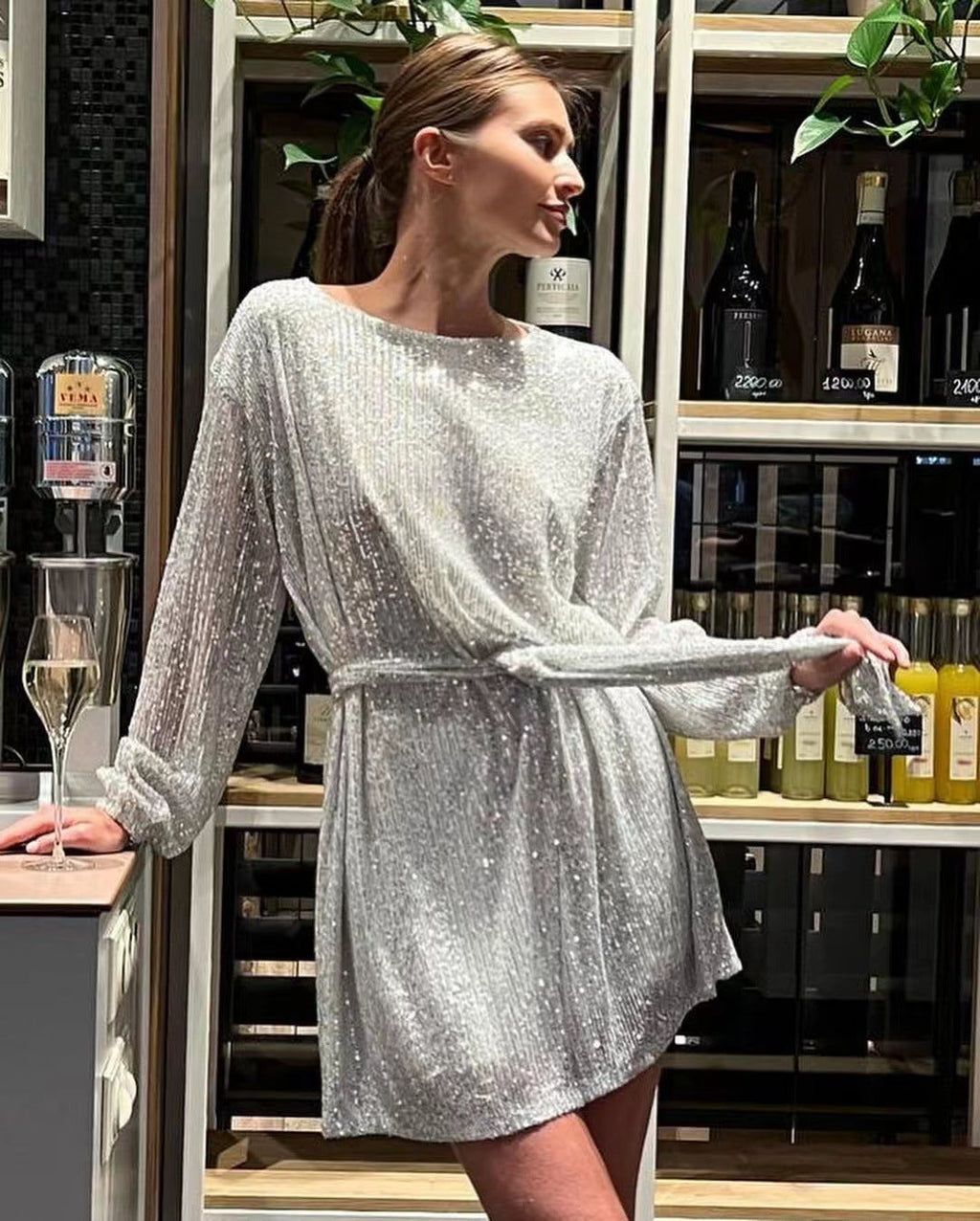GR | Urlaubsfestmode Pailletten Taillengürtel Kleid