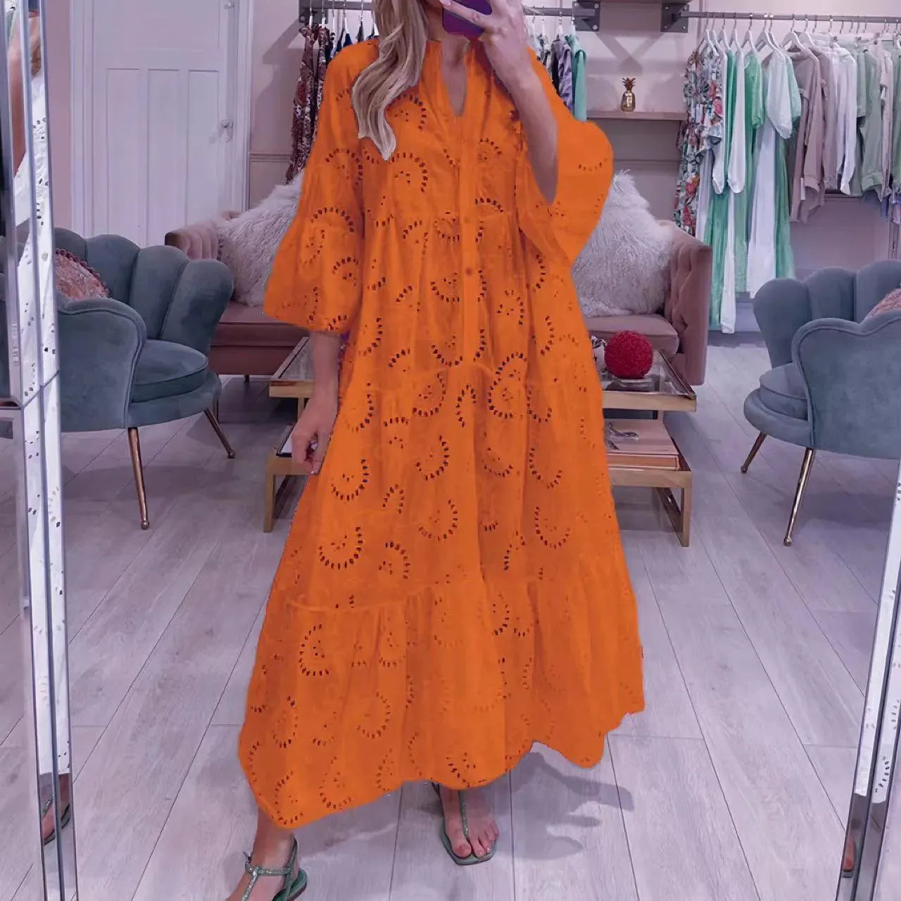 GR | Women's full-length V-neck dress in French style