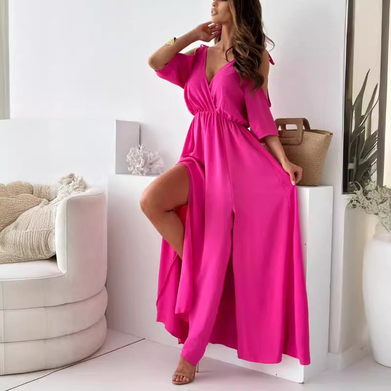 GR | Satin-Träger-Spitzen-V-Ausschnitt-Langes Kleid