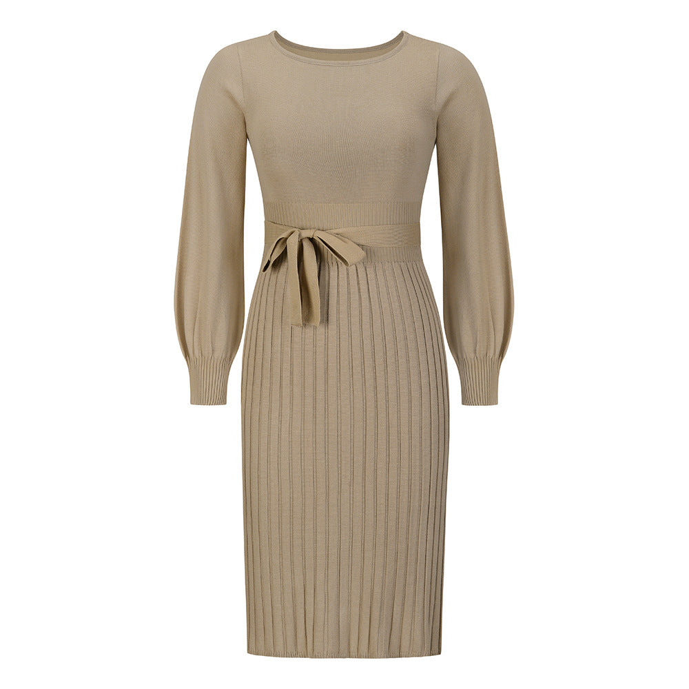 Damen Strickkleid mit taillierbarem Gürtel und langen Ärmeln GR