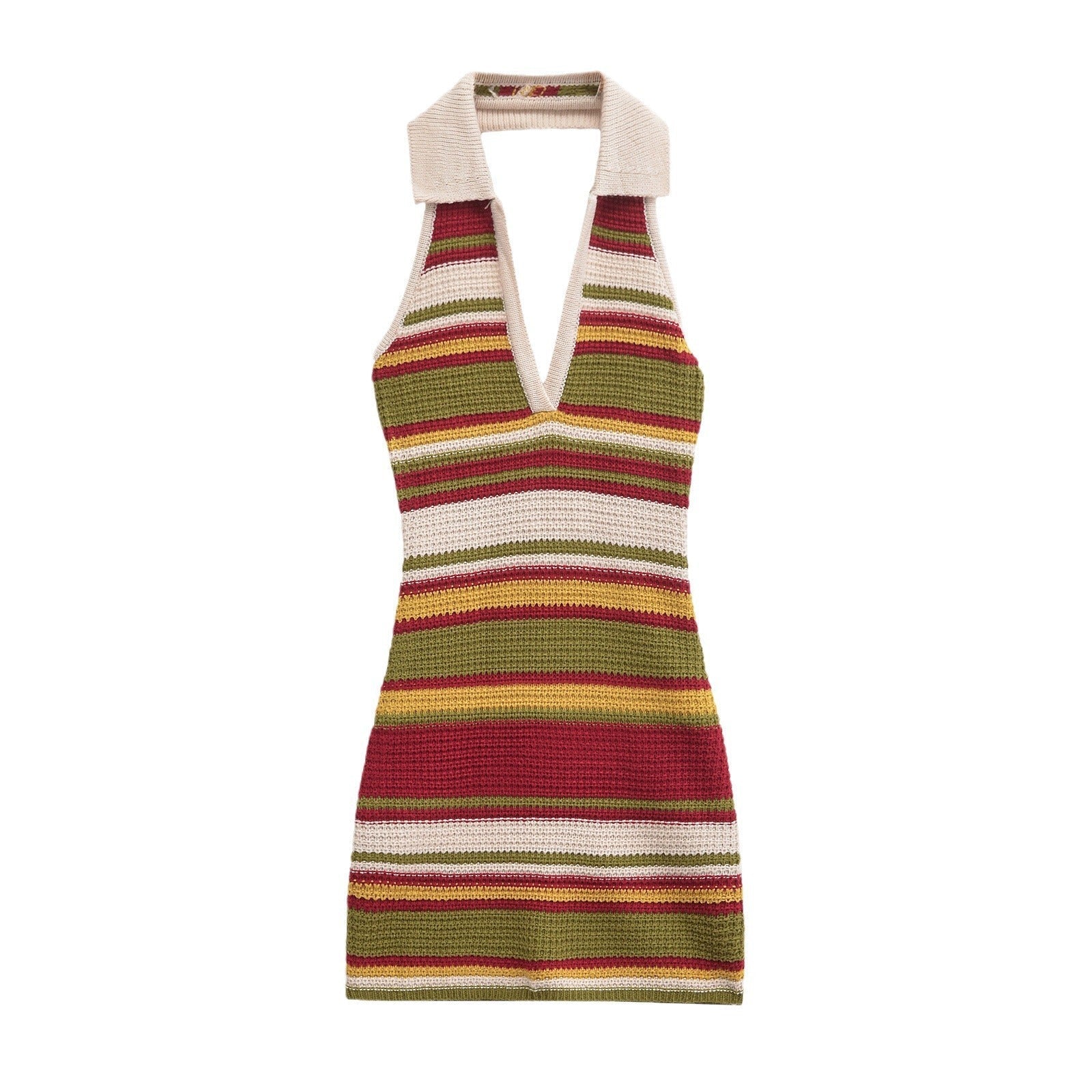 Women's knitted dress with deep V-neck and wide collar, size