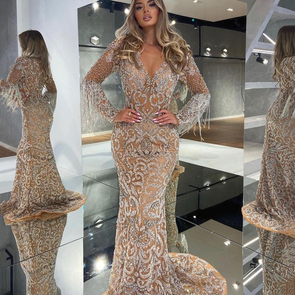 GR | Meerjungfrau Pailletten Fransen Elegantes Langes Kleid