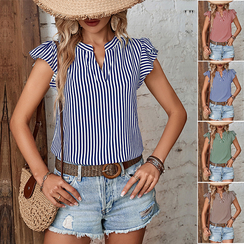 Damen Bluse mit Rüschendetails und Gestreiftem Muster GR