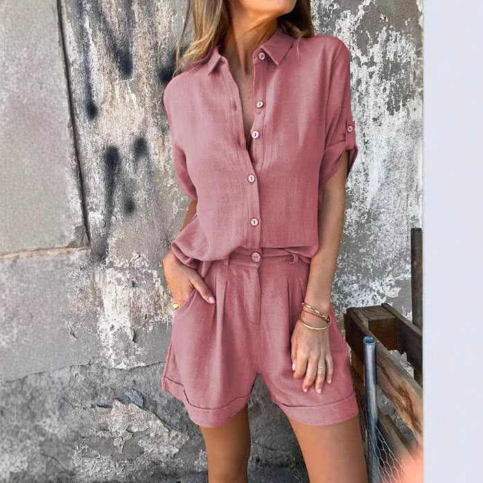 Women's casual jumpsuit with button-fastened top and practical drawstring waist