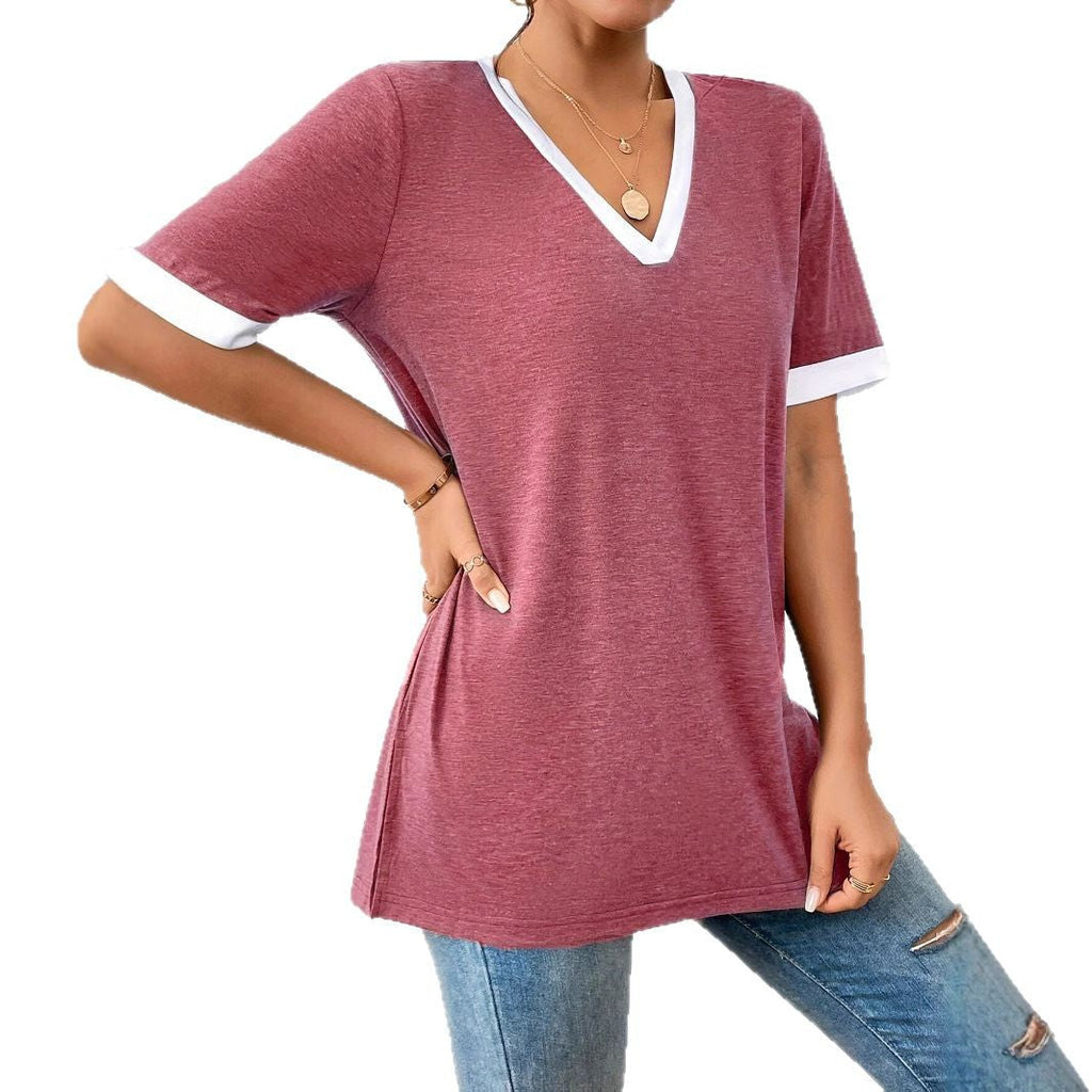 Damen V-Ausschnitt Shirt mit Kontrastärmeln und bequemer Passform GR