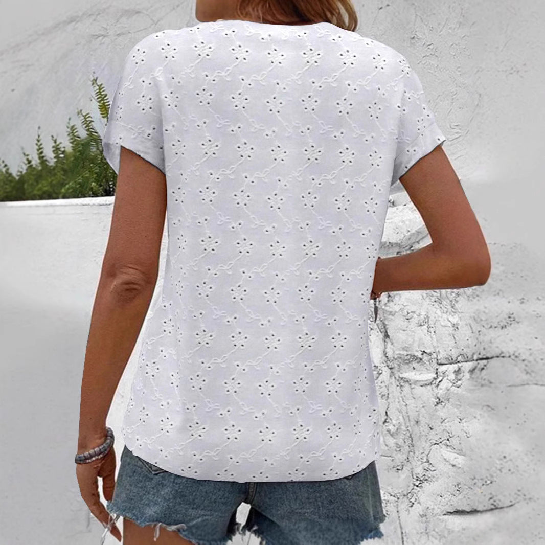 Damen luftige Bluse mit floralen Lochstickereien und durchgehender Knopfleiste GR