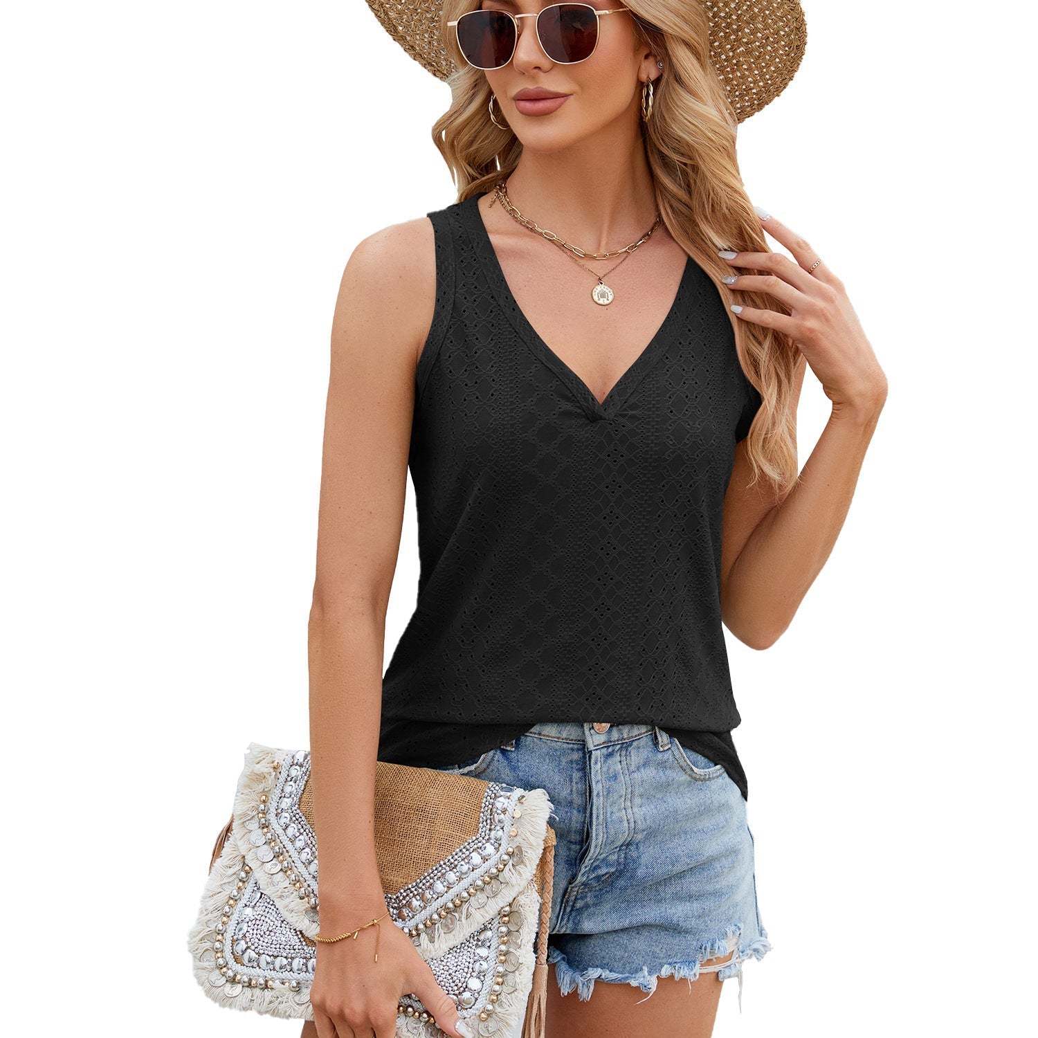 Women's sleeveless lace top with V-neck and decorative openwork patterns, size