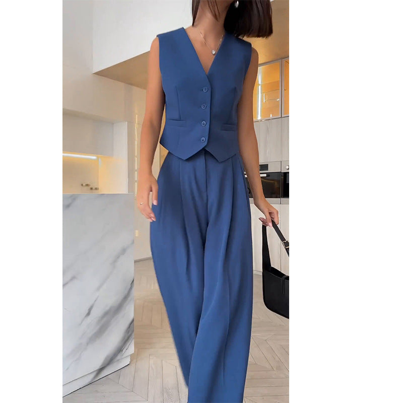 Sleeveless V-neck vest with wide-leg trousers ensemble