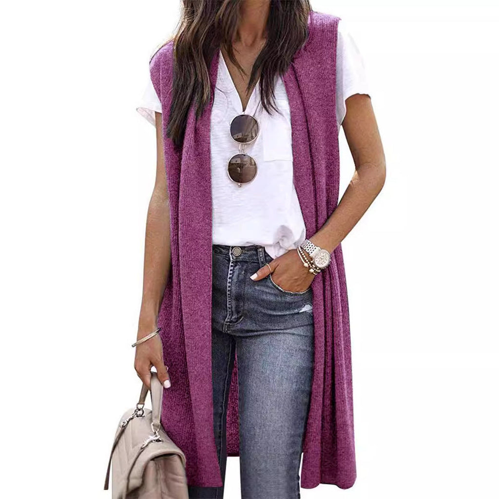 Women's open cardigan with a relaxed fit and long side panels, size
