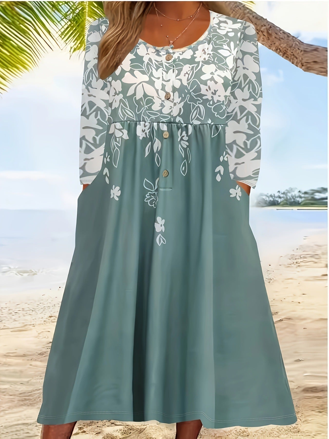 Women's flowing midi dress with floral print and practical pockets, size [size]