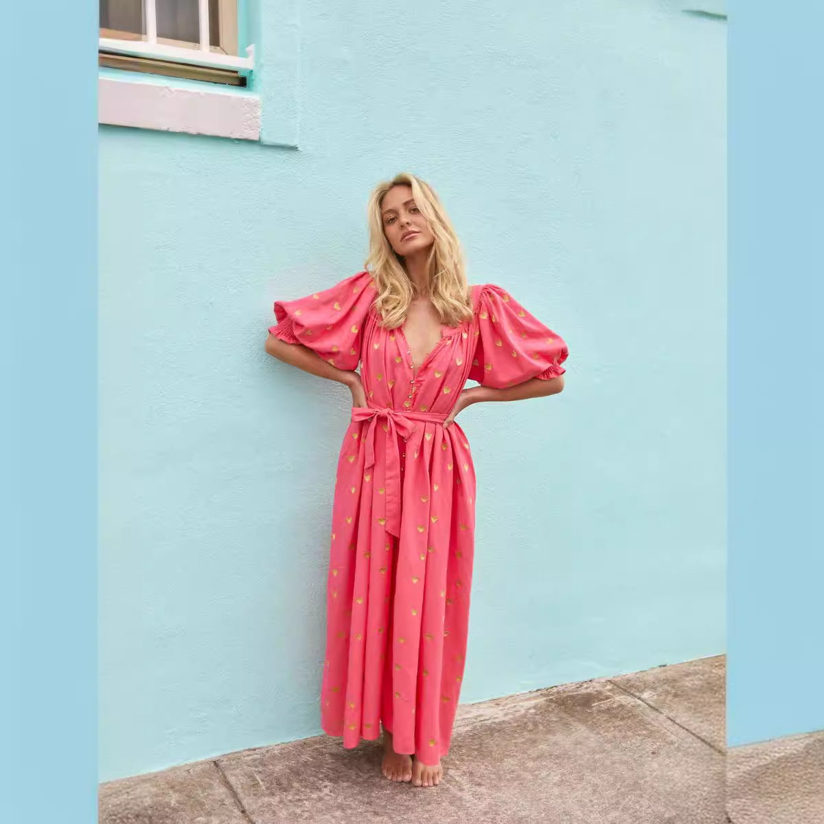 Damen Sommerkleid mit Puffärmeln und goldenen Details GR
