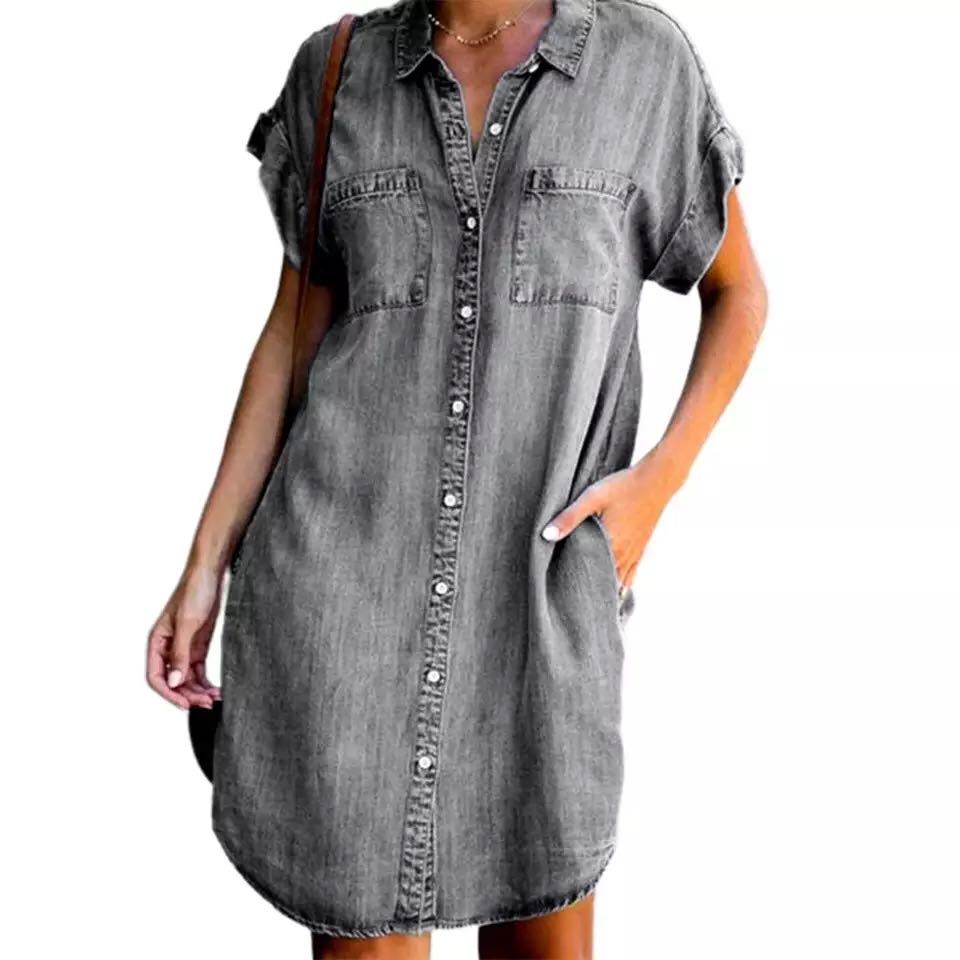 Women's denim shirt dress with two patch pockets and button placket, size