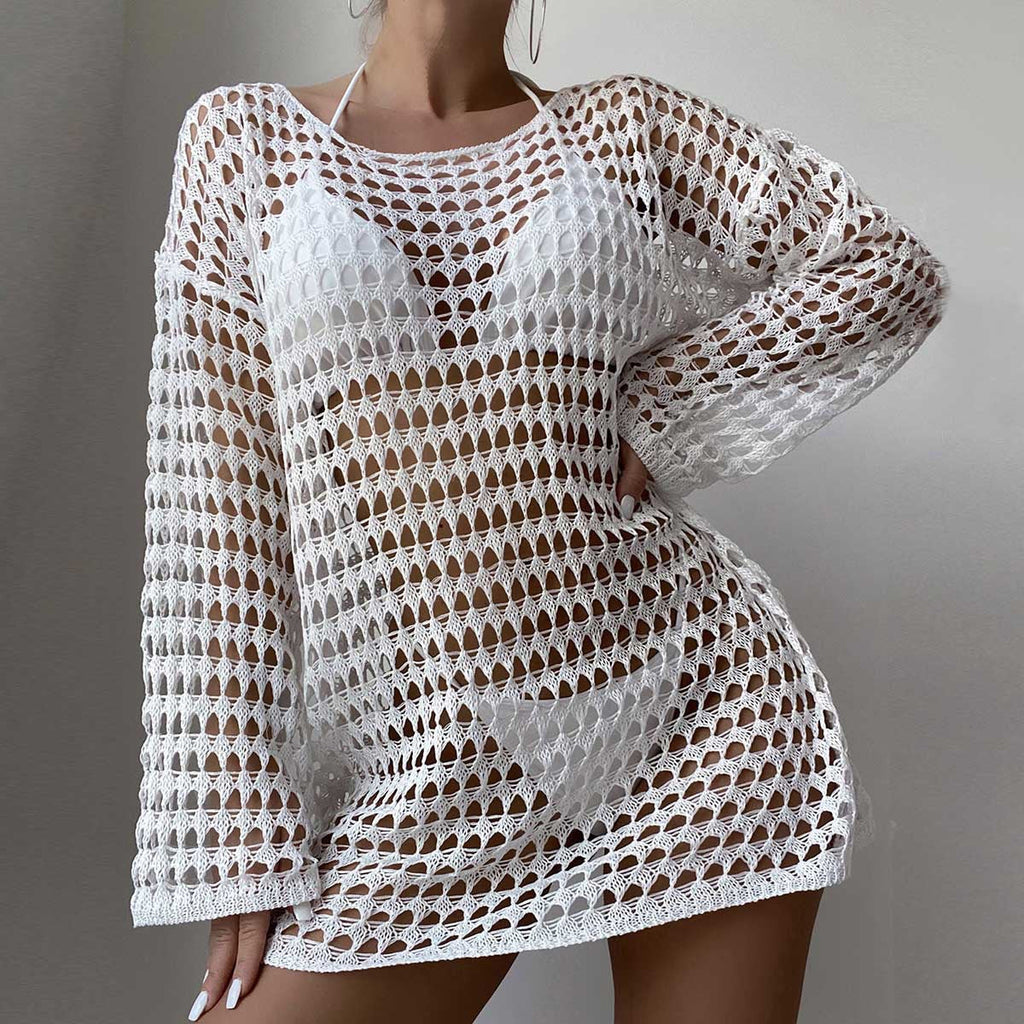 Women's crochet beach wrap with a loose fit and deep V-neck, size [size]