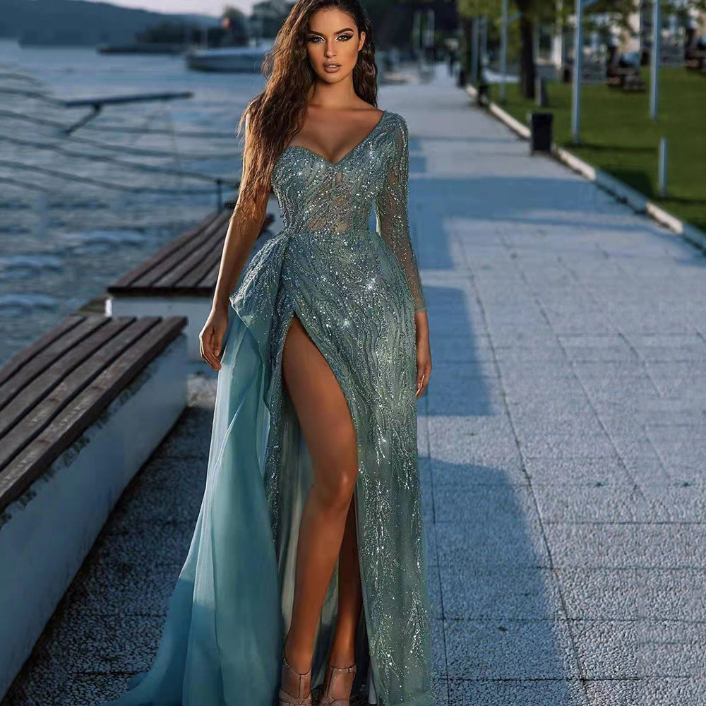 GR | Spring Summer Women's Clothing Cocktail Evening Dress Sequin Slit Host Party Dress