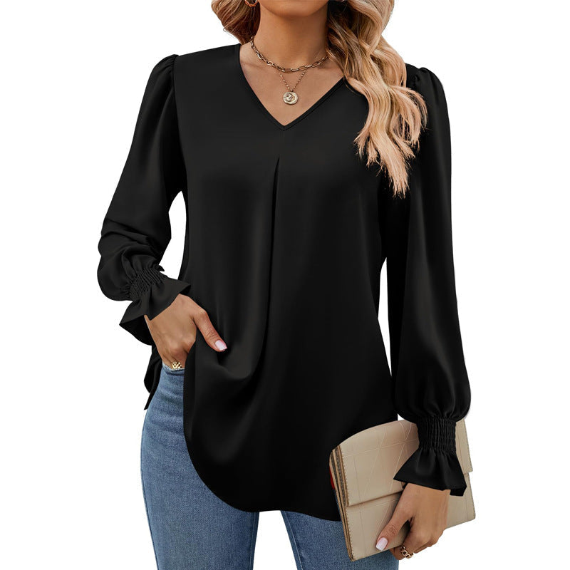 GR | Solid color V-neck top with puff sleeves and long sleeves