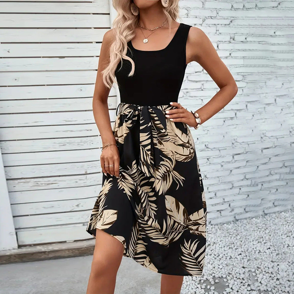 Women's midi dress with decorative bow and elegant palm print, size