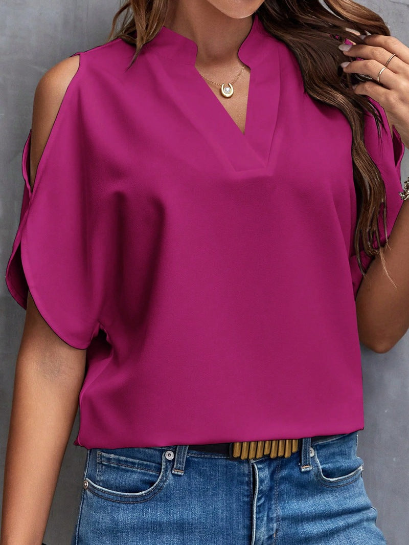 Women's blouse shirt with cut-out sleeves and fashionable stand-up collar, size