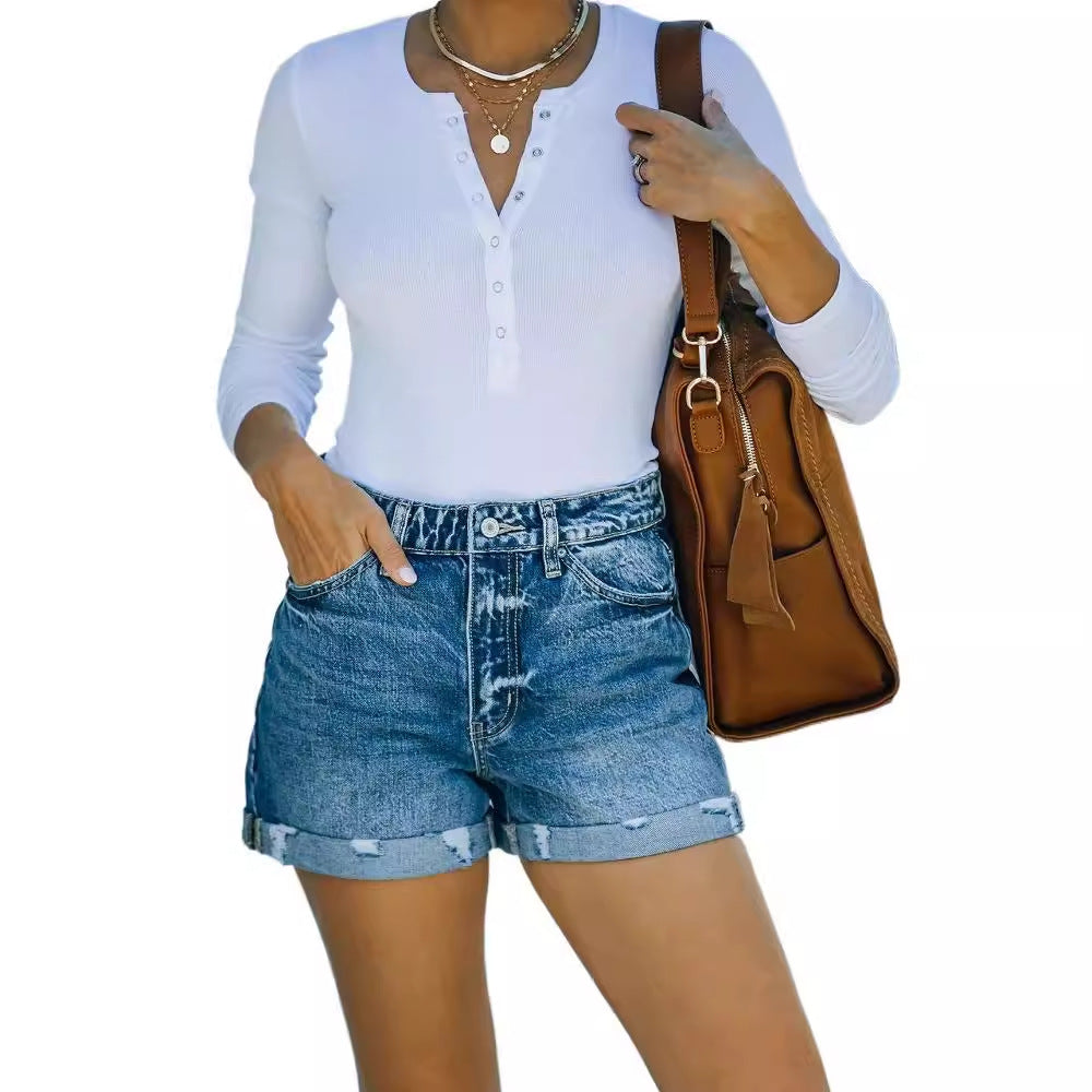 Damen Destroyed Denim-Shorts mit hohem Bund und ausgefranstem Saum GR