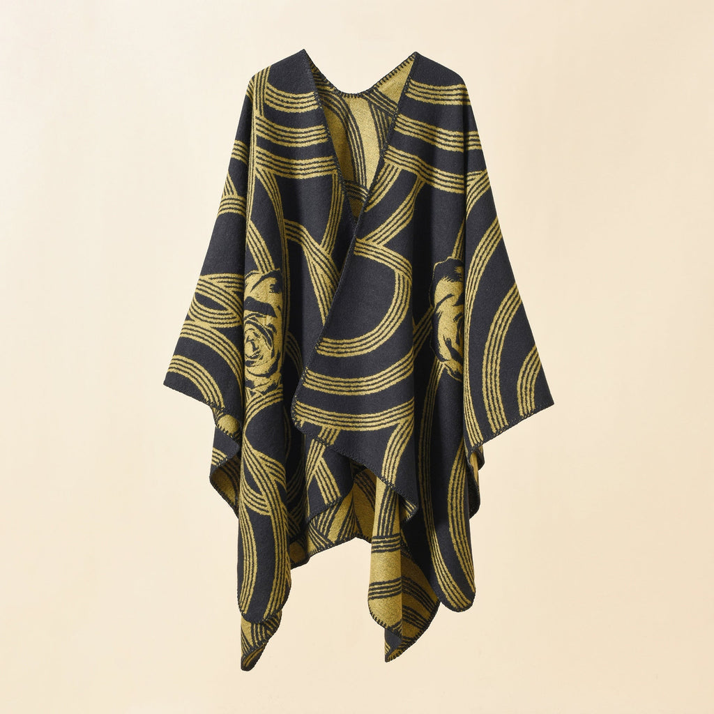 Women's Artful Wrap Poncho with Elegant Floral Design GR