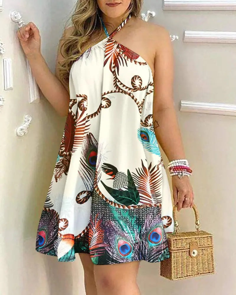 GR | Bedrucktes Cold Shoulder Halter Tie Kleid