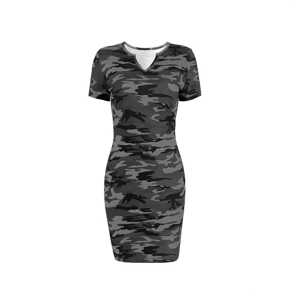 Women's figure-hugging camouflage dress with short sleeves and V-neck, size