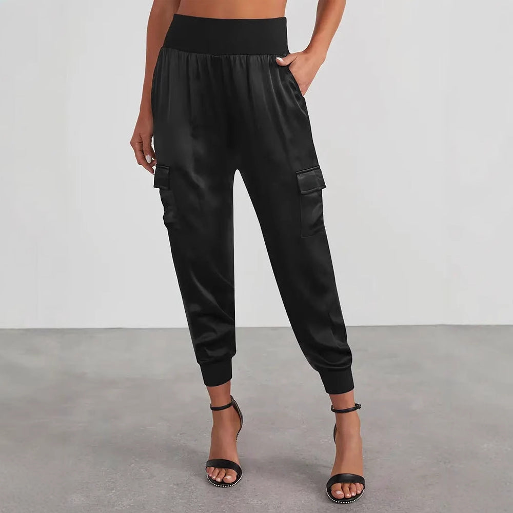 Women's satin cargo trousers with elasticated waistband and practical pockets, size