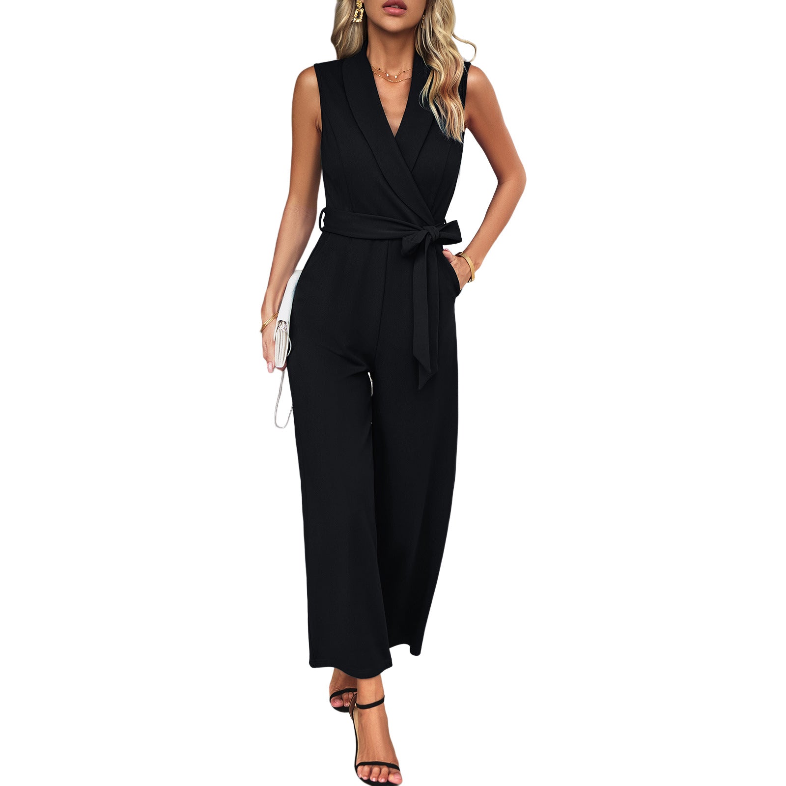 Women's elegant jumpsuit with wrap look and waist belt, size