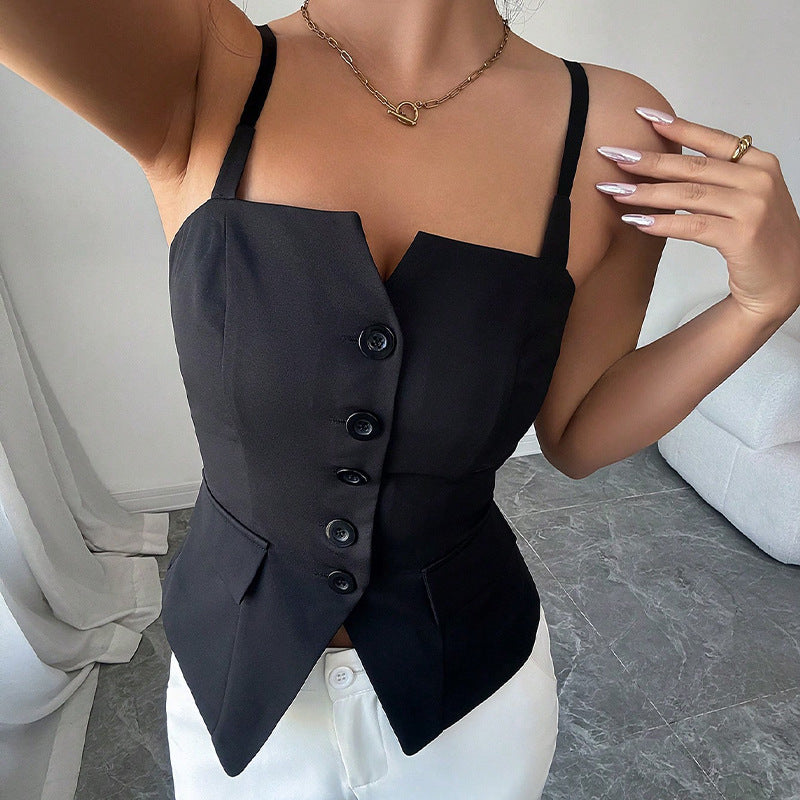 Women's sleeveless blouse top with a tailored cut and button details, size [size]