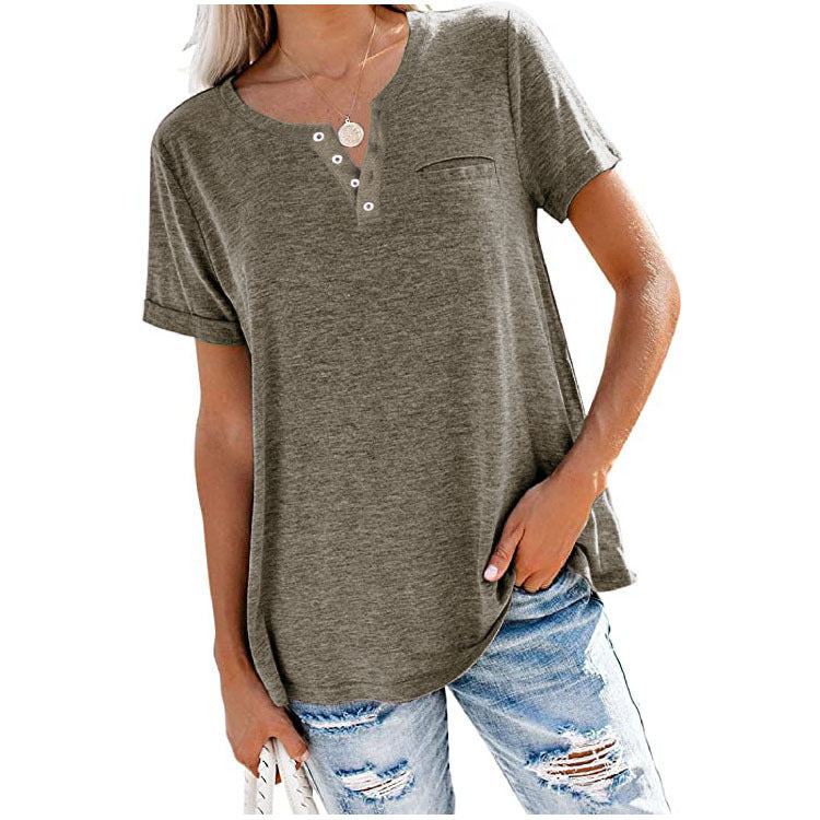 Women's casual T-shirt with button placket and chest pocket, size