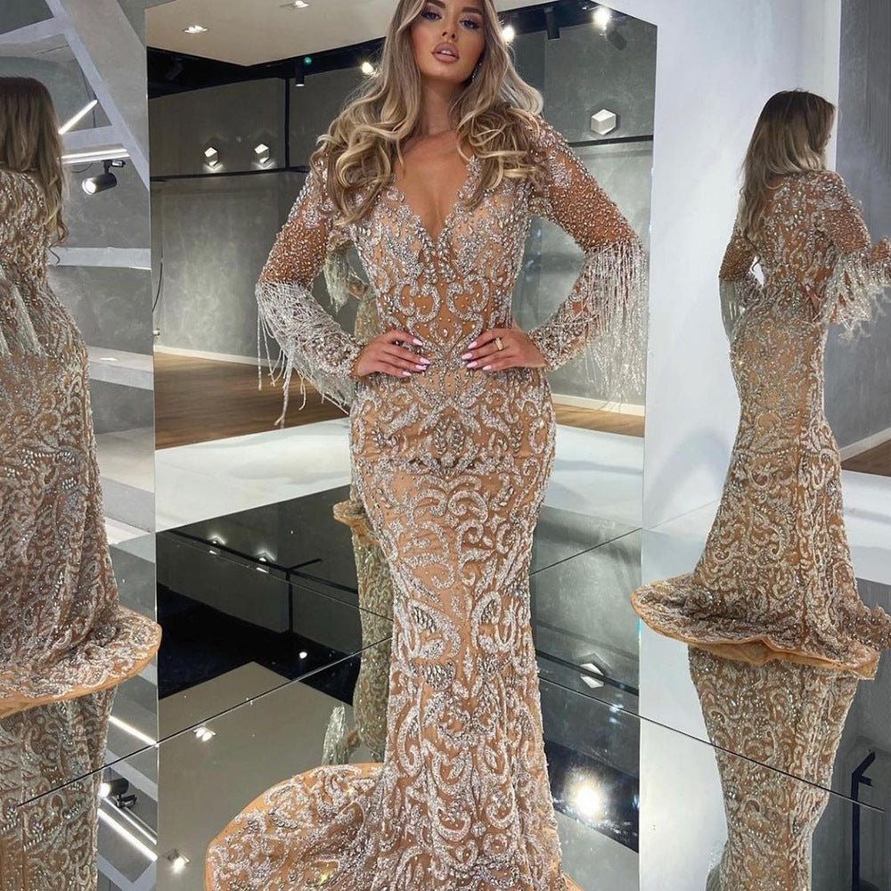 GR | Meerjungfrau Pailletten Fransen Elegantes Langes Kleid