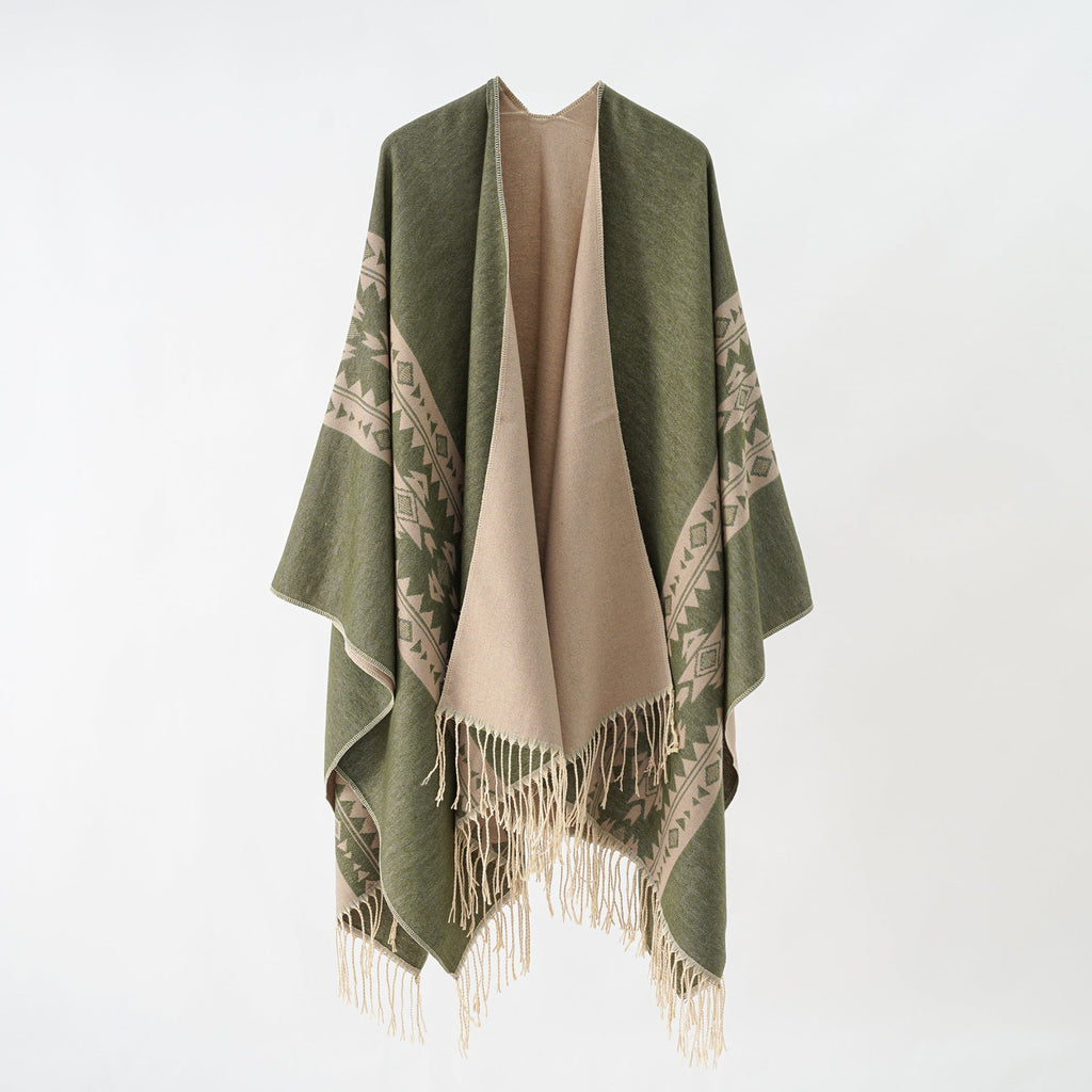 Damen eleganter Strickponcho mit kunstvollen Fransen und floralen Akzenten GR