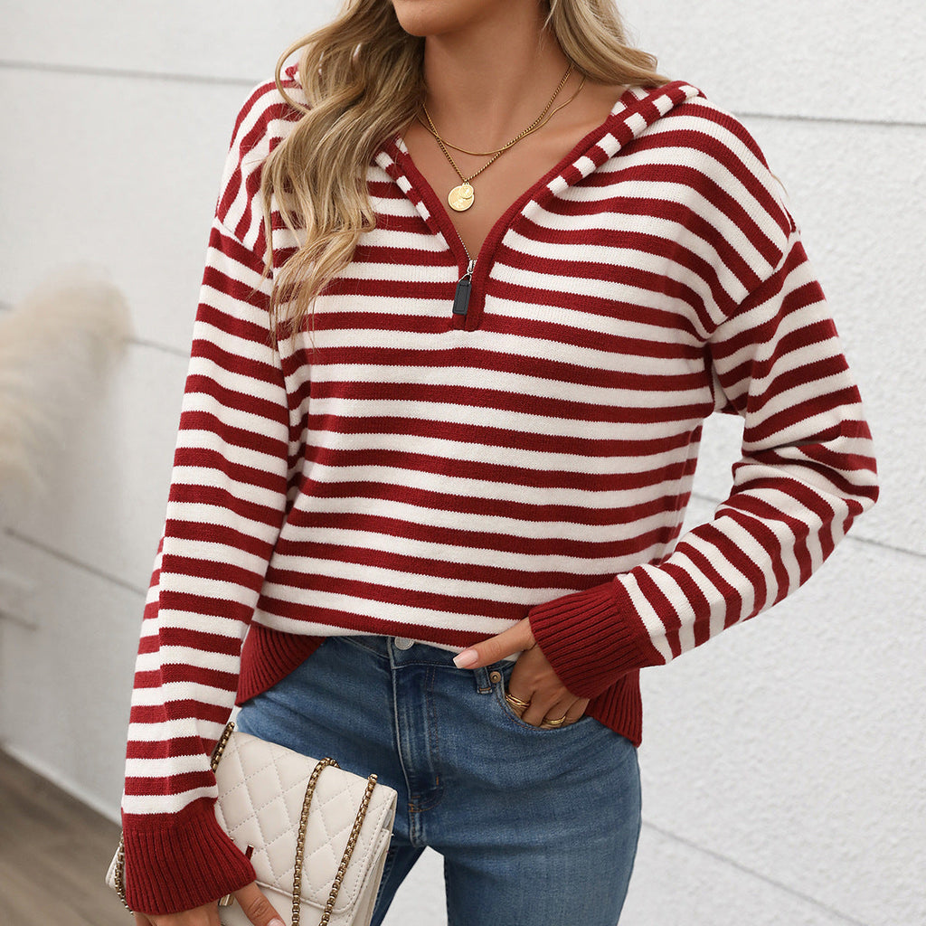 Damen gemütlicher Strickpullover mit modischem Reißverschluss und Streifenmuster GR