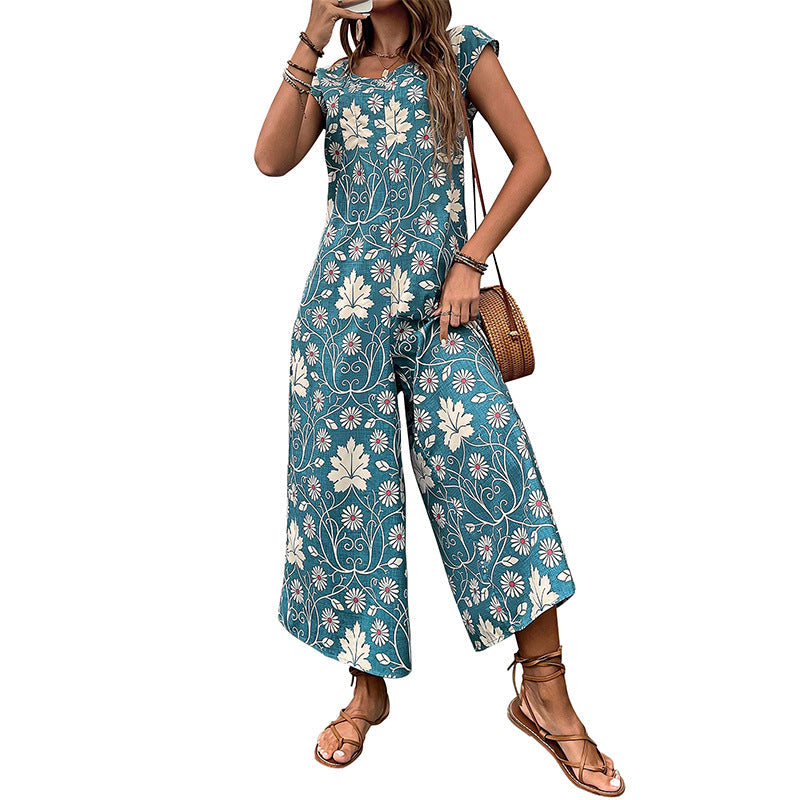 Women's jumpsuit with floral design and chestnut brown tie belt, size