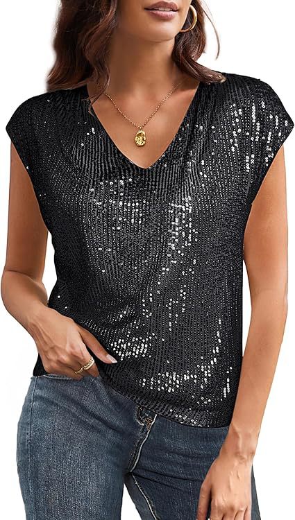 Women's glittery top with a V-neck and loose fit, size [size missing]