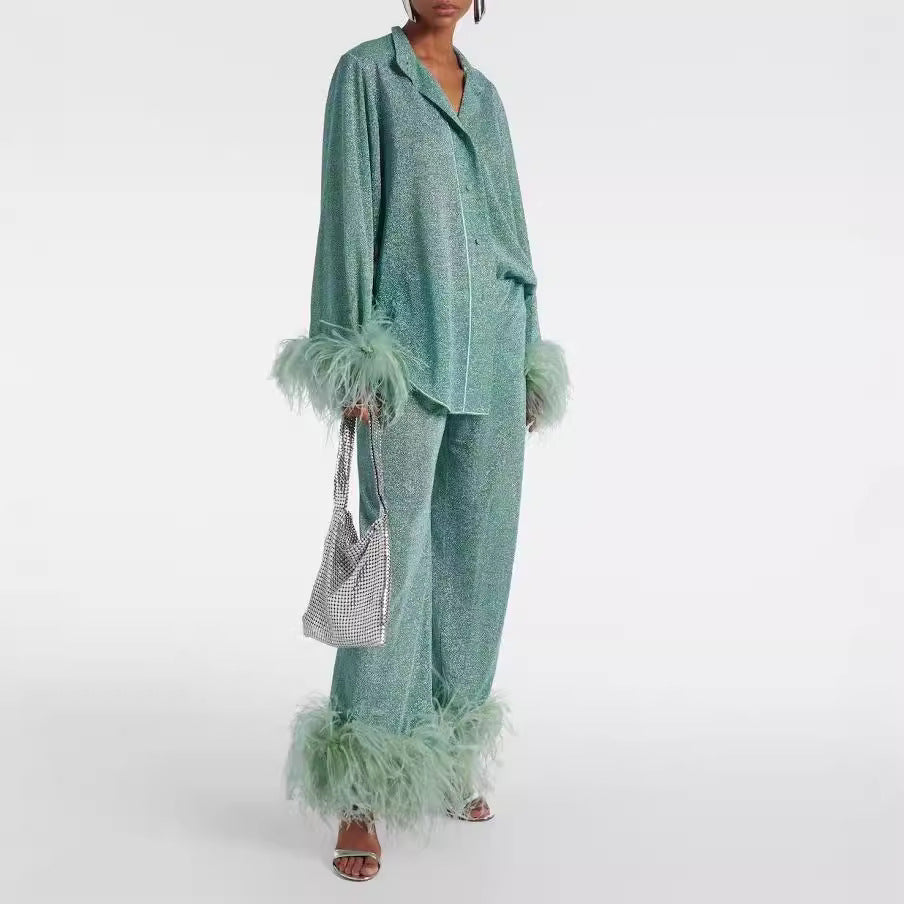 GR | Autumn Winter Feather Stand-up Collar Long Sleeve Top and Trousers Set 
