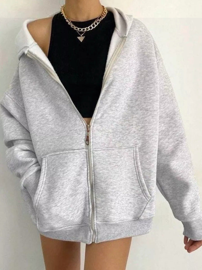 Damen oversized Kapuzenpullover mit Reißverschluss und praktischen Taschen GR