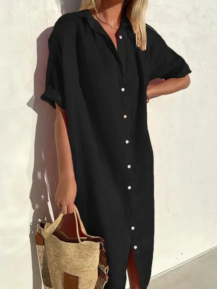 GR | Knopfkleid mit Weitem Ausschnitt und Schmalen Ärmeln, Elegant und Locker, für Frauen Baumwoll- und Leinenkleider