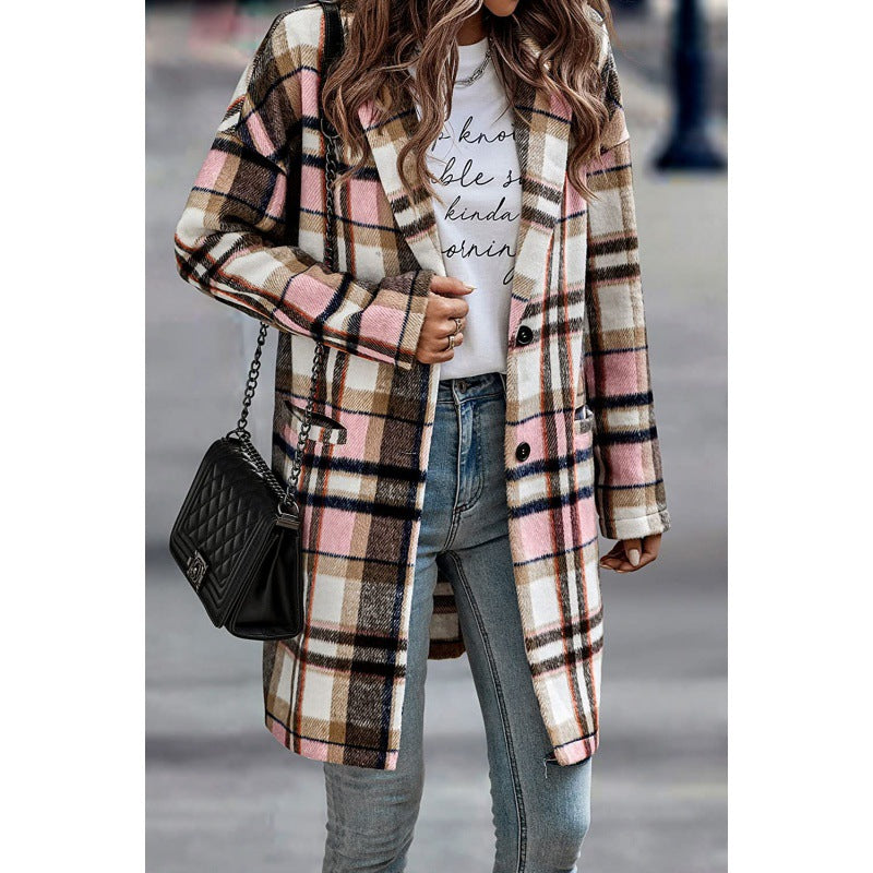 Women's Checked Long Jacket with Hood and Pockets, Size