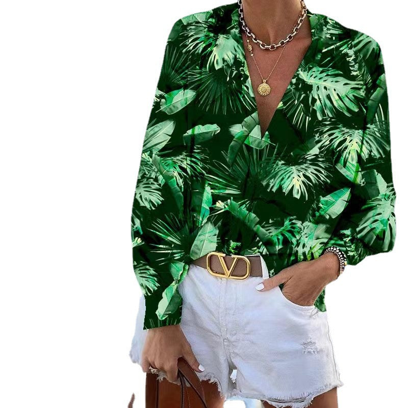 Damen Bluse mit floralem Muster und tiefem V-Ausschnitt GR