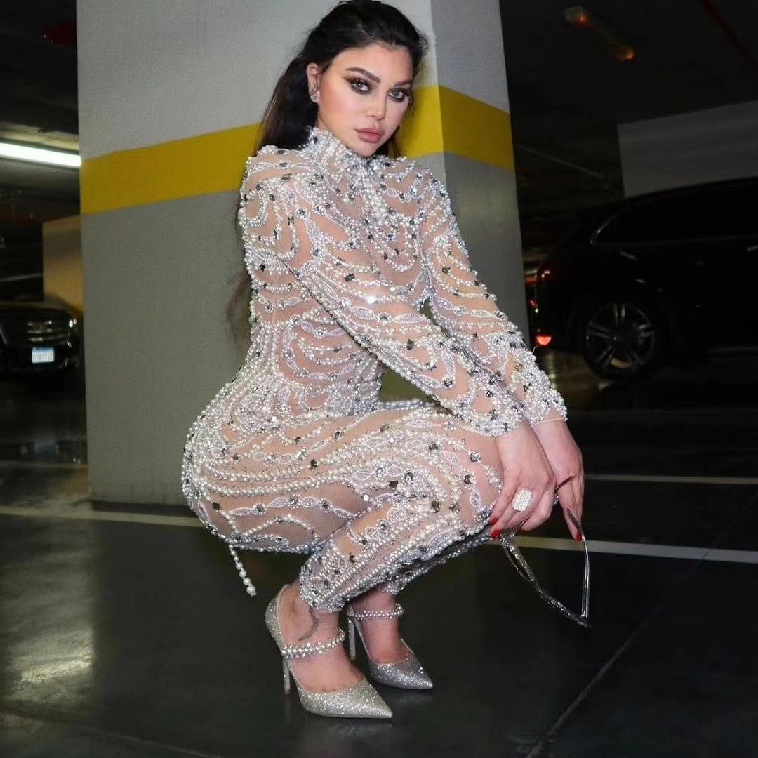 GR | Figure-hugging sheer sequined dress jumpsuit