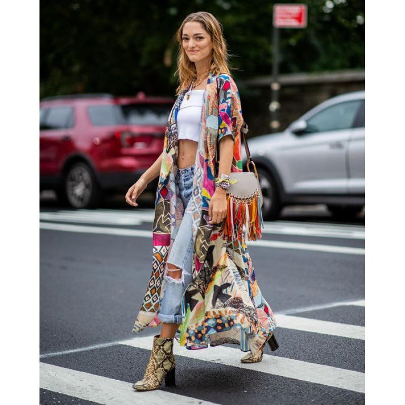 Women's kimono wrap with colorful patchwork design and lightweight fabric, size S