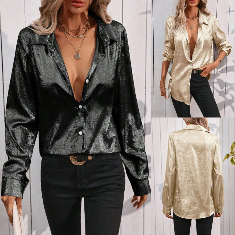 Women's lustrous blouse with elegant V-neck and delicate button detail, size S
