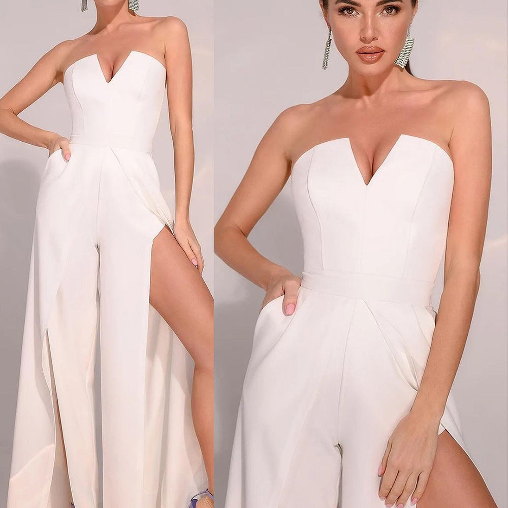Women's Elegant Strapless Jumpsuit with Wide Legs and Pockets, Size